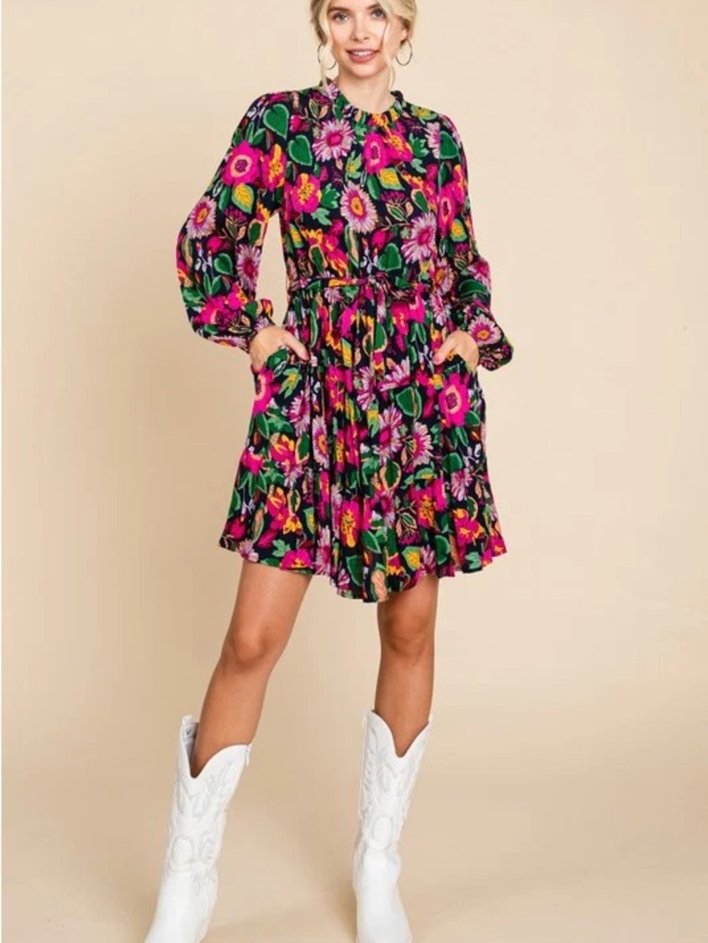 Jodifl Floral Ruffle Mini Dress Womens Size M Multi Color Boho Tiered Pockets